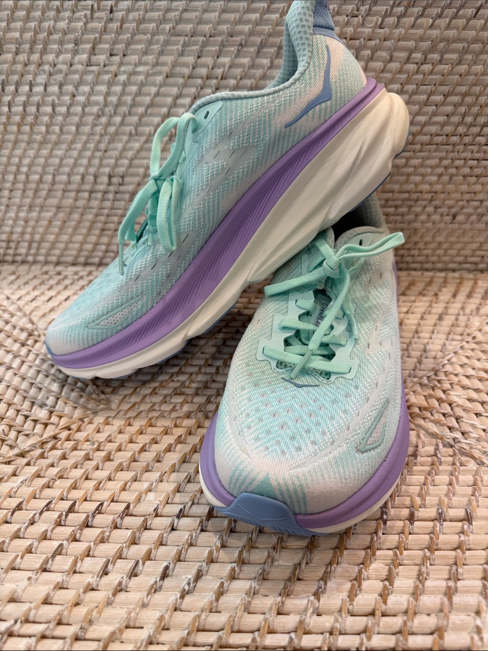 Hoka Women's Clifton 9 Running Shoes in Mint Green and Lavender